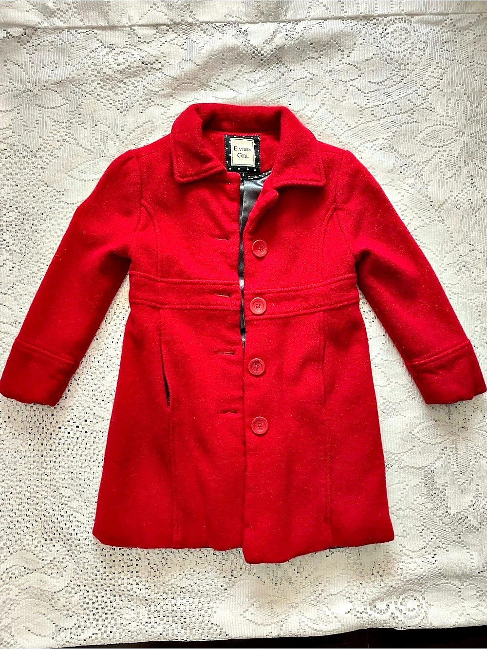 USED Evissa Girl Girls Red Wool Blend Pea Coat Size 4 Like New